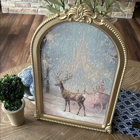 NEW! Royal Castle Carriage & Reindeer Gold Framed Winter Wonderland Wall Art - Picture 6 of 10